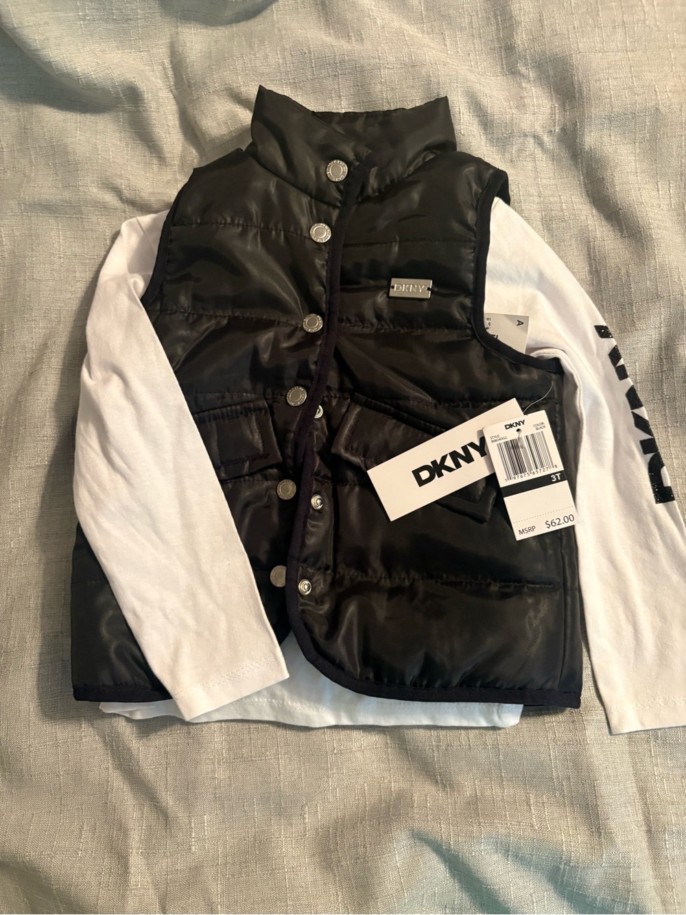 DKNY girls Black Puffer Vest with long sleeve white DKNY shirt- Lightweight